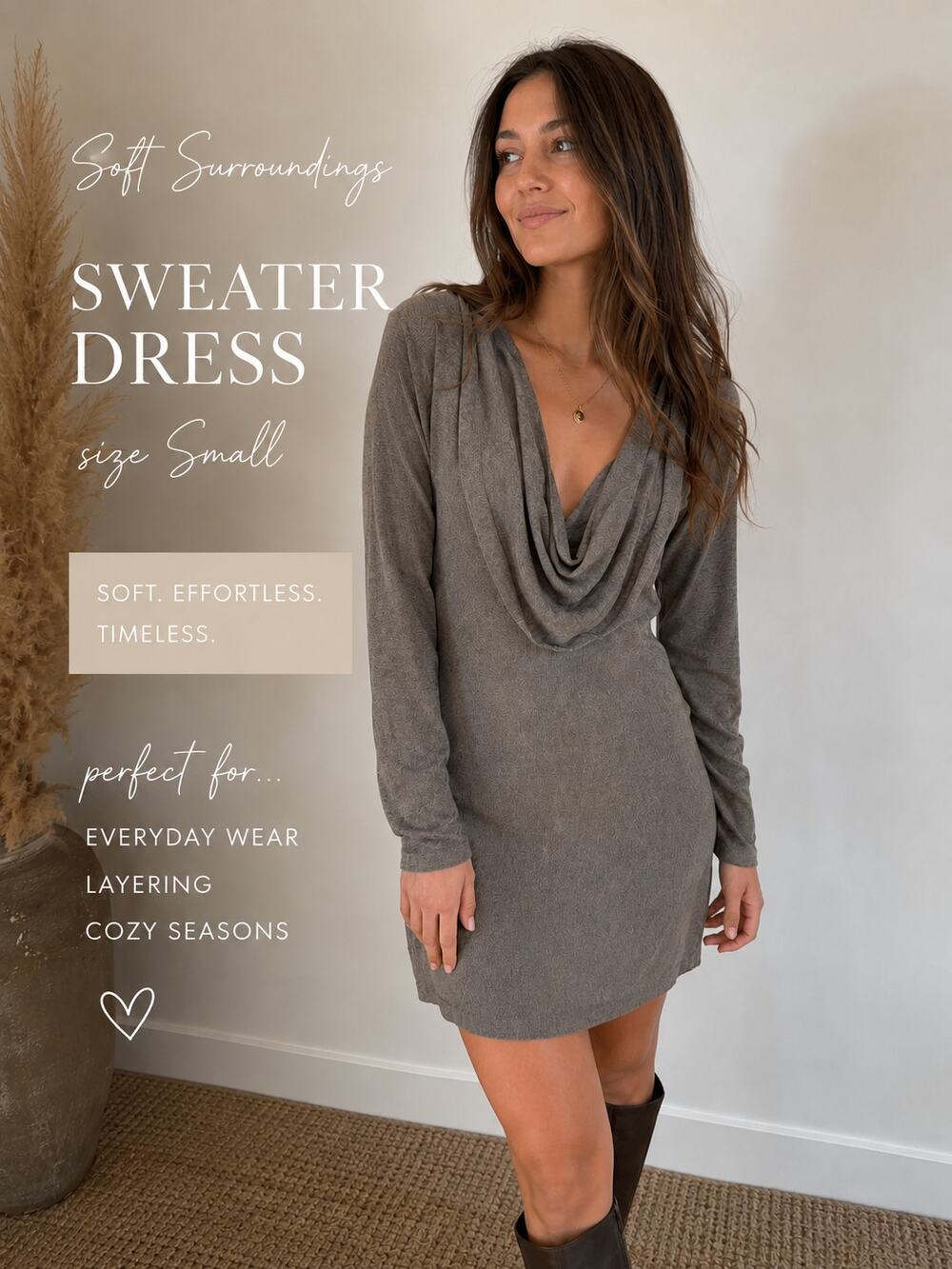 Soft Surroundings Sweater Tunic Dress Small Taupe Cowl Neck Wool Blend Minimal